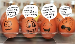 An image of four eggs with cartoon faces on them, each expressing a different emotion. Quote bubbles around the eggs say expressions like, "What went well in my teaching this week?!" or "I think I made a mistake in my teaching."