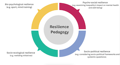 A circle chart with "resilience pedagogy" in the middle, and four sections stemming from the center.