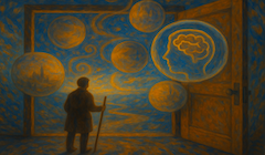 An AI-generated image showing a person looking through a door out at multiple wolrds.