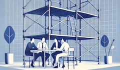 An illustration of four people sitting a table underneath construction scaffolding.