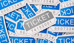 A graphic with many blue tickets and one gray ticket.