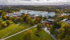 An aerial view of a college campus during the fall season.