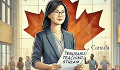 An AI-generated image showing a woman holding a "tenurable teaching stream" newspaper with a maple leaf in the background