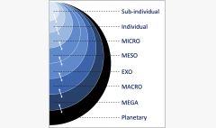 A graph showing layers in a sphere labeled "sub-individual," "individual," "micro" "meso," "exo," "macro," "mega," and "planetary."