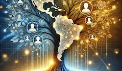 An AI generated image showing an interconnected web of people on North and South America, with a tree in the background
