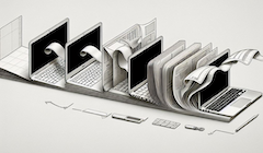 An illustration showing a laptop computer transitioning into pieces of paper.