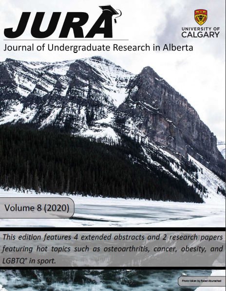 Cover image of the JURA 2020 Fall Edition, featuring the journal logo, the logo of the University of Calgary, and a winter landscape showing trees covering a snowy mountainside.